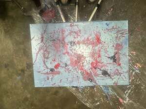 Abstract piece “Battered” by Christy on canvas 24 x 36.